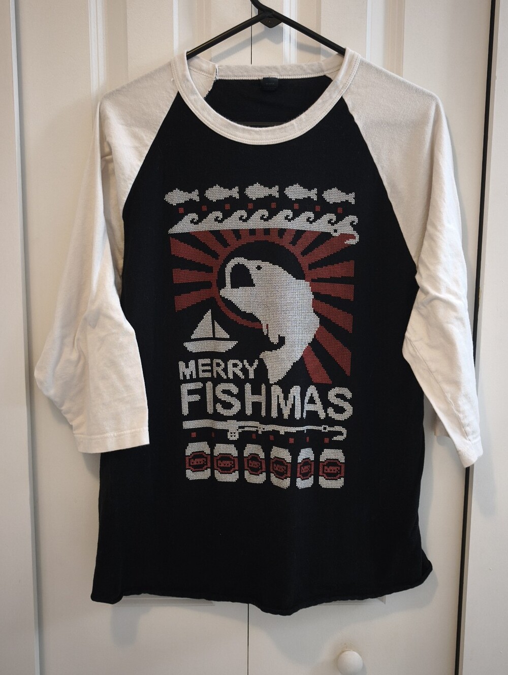 Merry Fishmas Women’s L Fishing Christmas Raglan Shirt Ugly Holiday Tee